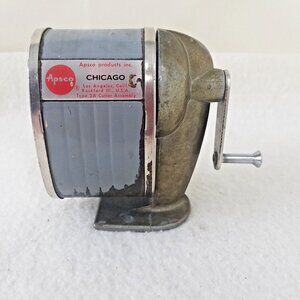 Vintage Apsco Manual Hand Crank single Pencil Sharpener Gray Made In USA teacher